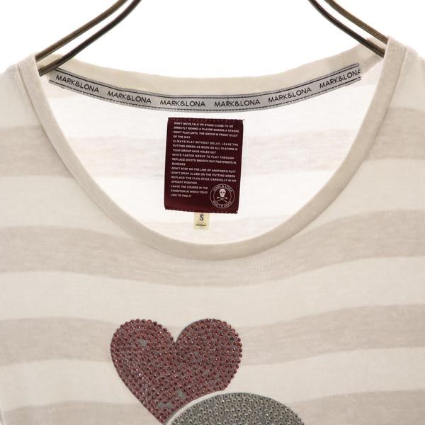 MARK&LONA マークアンドロナ ラインストーンスカル ボーダー柄 ゴルフ 半袖 Tシャツ S グレー×白 レディース