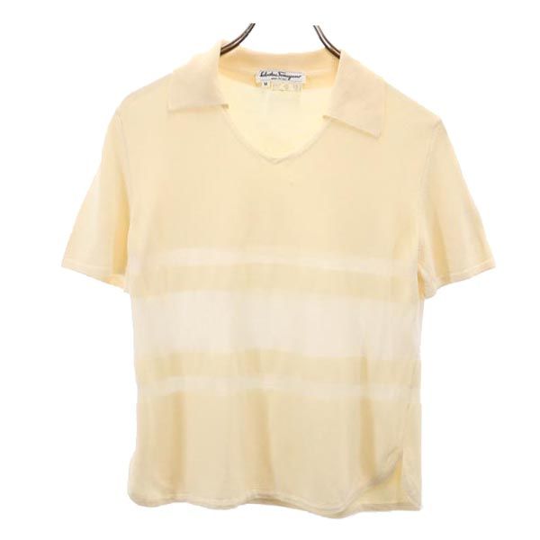 Salvatore Ferragamo サルヴァトーレフェラガモ シルクブレンド ボーダー柄 半袖 ニット M ベージュ系 セーター レディース