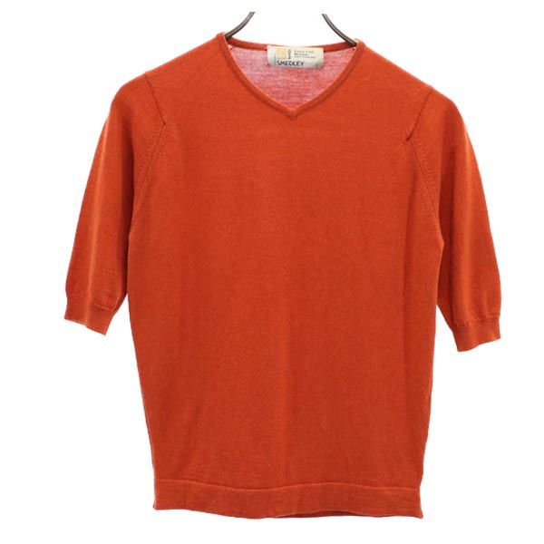 JOHN SMEDLEY ジョンスメドレー 英国製 ウール 5分袖 Vネック セーター S オレンジ系 ニット レディース