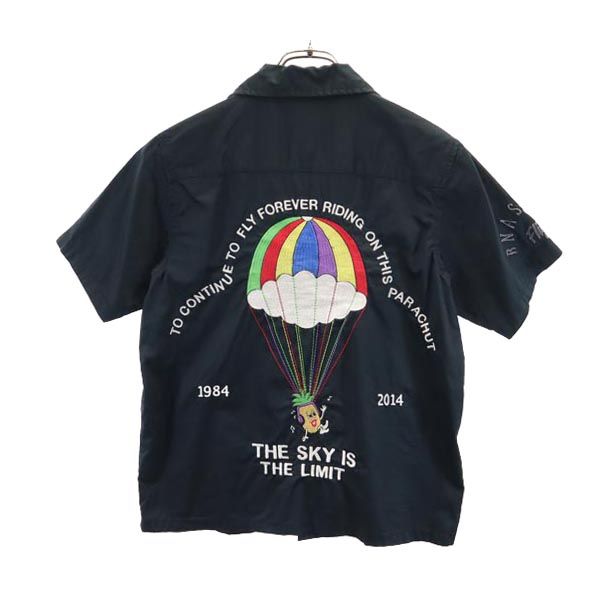 バック 刺繍 半袖 ワークシャツ 黒 メンズ