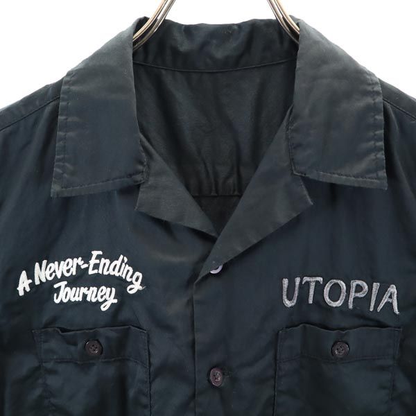 バック 刺繍 半袖 ワークシャツ 黒 メンズ