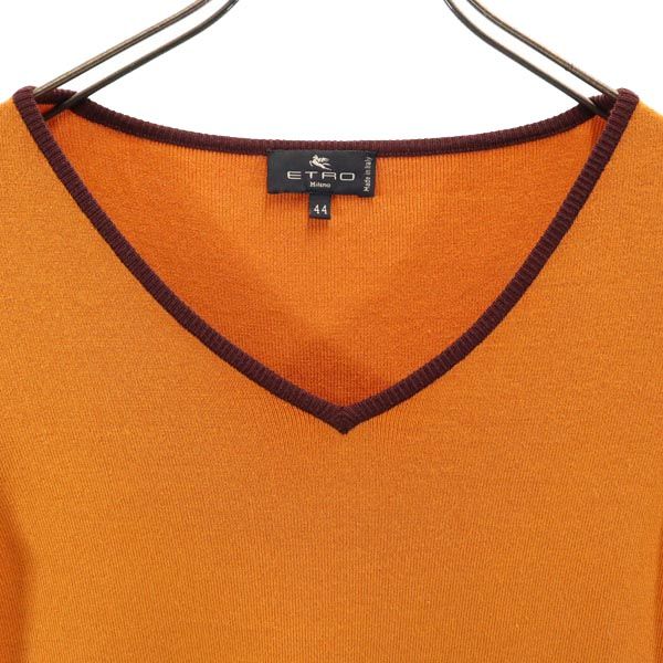 ETRO エトロ イタリア製 シルクブレンド 半袖 Vネック セーター 44 オレンジ ニット レディース