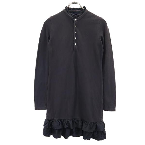 RALPH LAUREN ラルフローレン 長袖 フリル ワンピース XL(16) グレー×ブラック 鹿の子 ハーフボタン キッズ