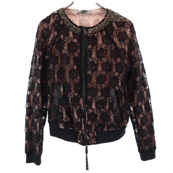 DIESEL ディーゼル ジップ ノーカラージャケット S ブラック系 ラインストーン メンズ