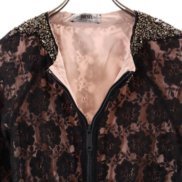 DIESEL ディーゼル ジップ ノーカラージャケット S ブラック系 ラインストーン メンズ