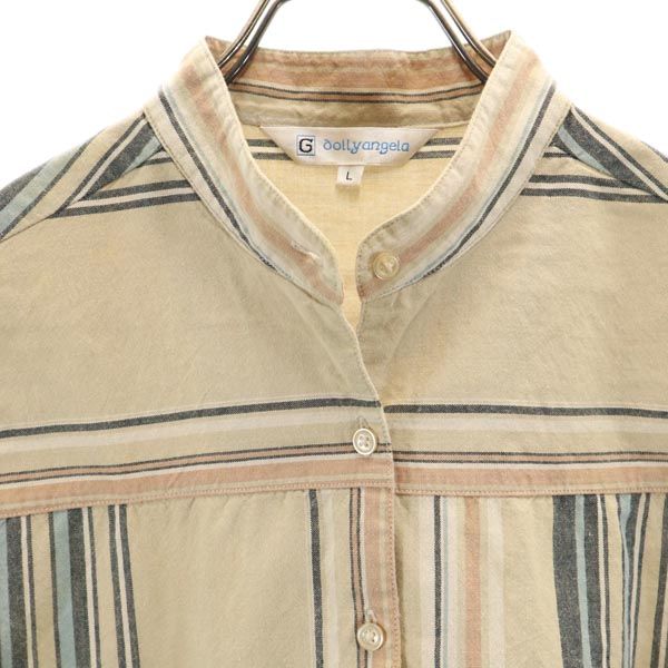 dolly angela ドリーアンジェラ ストライプ 長袖 バンドカラーシャツ L ベージュ系 レディース