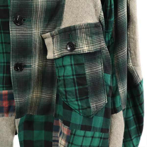 KATO カトー 日本製 長袖 パッチワーク チェックシャツ S グリーン系 メンズ