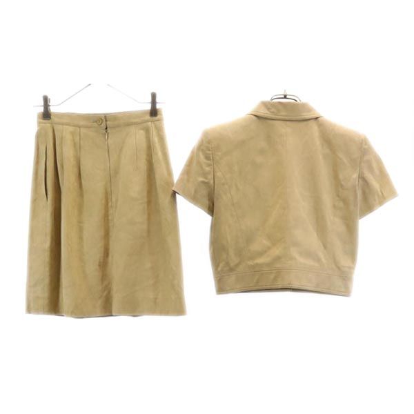 FOXEY フォクシー 日本製 フェイクレザー スカートスーツ 上下 セットアップ 40 ベージュ テーラードジャケット レディース