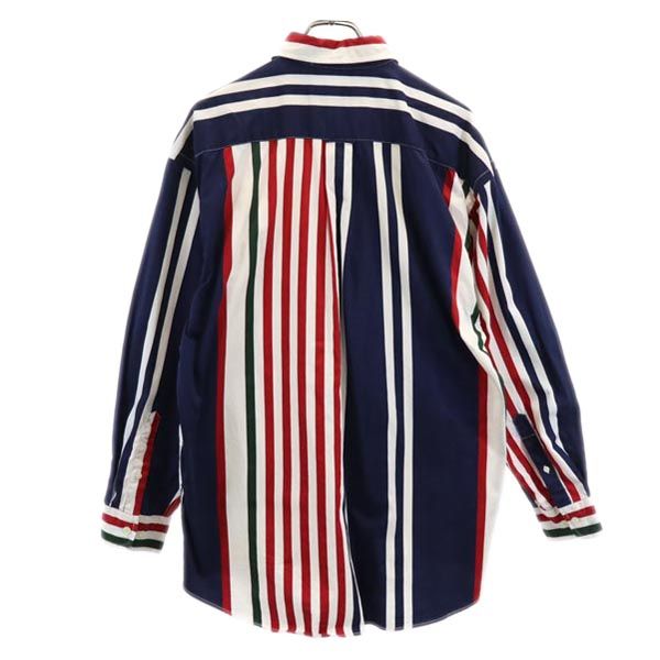 NAUTICA ノーティカ 90s オールド ボーダー柄 長袖 ボタンダウンシャツ L 紺×赤×白 メンズ