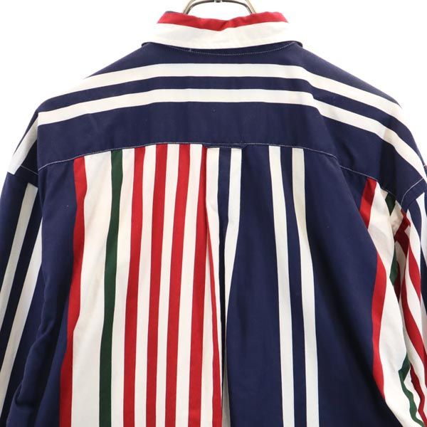 NAUTICA ノーティカ 90s オールド ボーダー柄 長袖 ボタンダウンシャツ L 紺×赤×白 メンズ