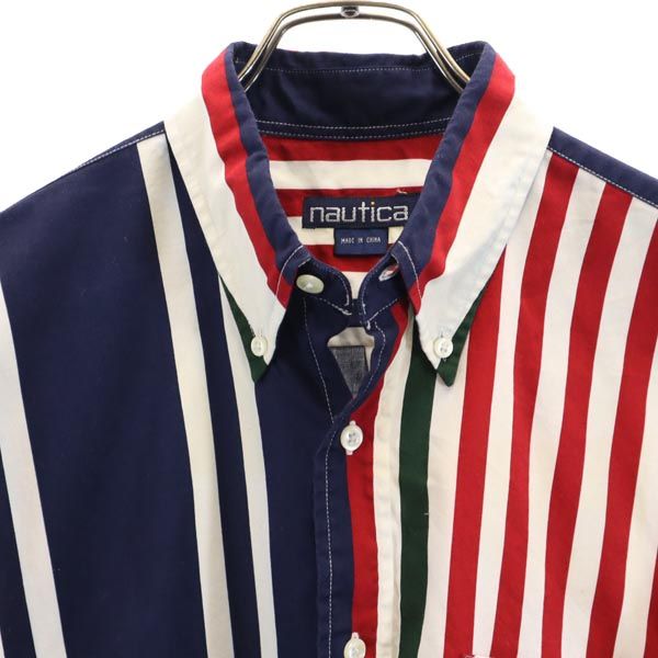 NAUTICA ノーティカ 90s オールド ボーダー柄 長袖 ボタンダウンシャツ L 紺×赤×白 メンズ