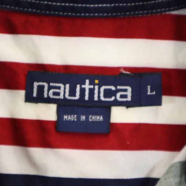 NAUTICA ノーティカ 90s オールド ボーダー柄 長袖 ボタンダウンシャツ L 紺×赤×白 メンズ