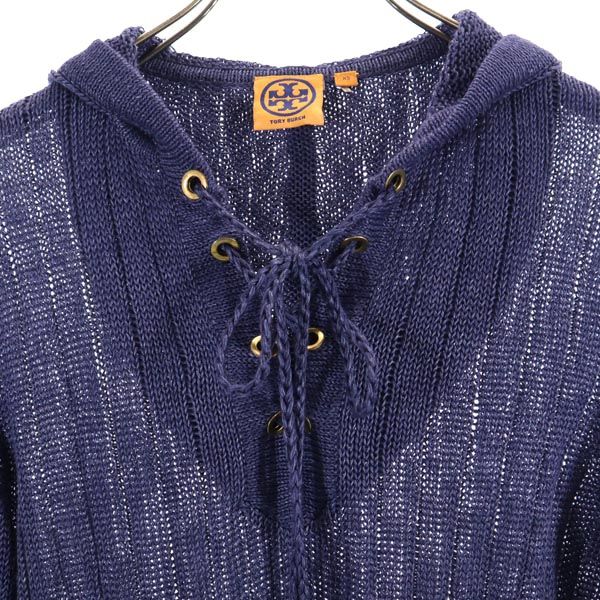 Tory Burch トリーバーチ リネン 長袖 ニット パーカー XS ネイビー系 レディース