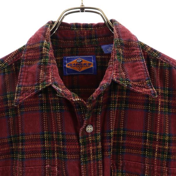 GUESS JEANS ゲスジーンズ 90s オールド コーデュロイ 長袖 チェックシャツ XL ボルドー メンズ