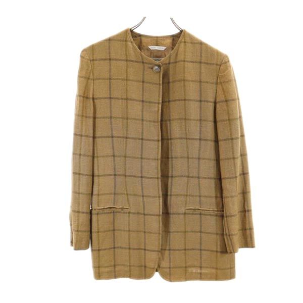 Emporio Armani エンポリオアルマーニ イタリア製 リネンブレンド チェック ノーカラージャケット 42 ブラウン系 レディース