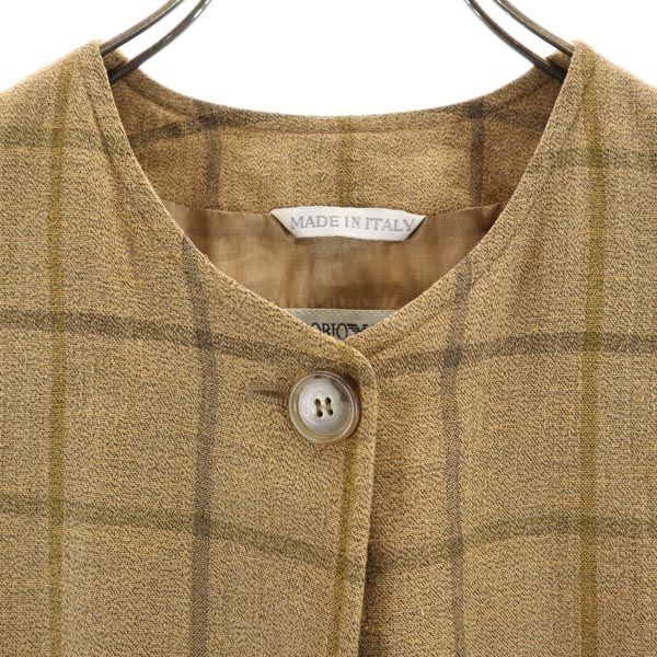 Emporio Armani エンポリオアルマーニ イタリア製 リネンブレンド チェック ノーカラージャケット 42 ブラウン系 レディース