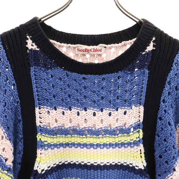SEE BY CHLOE シーバイクロエ デザイン編み 長袖 デザイン編み セーター USA2 ブルー×イエロー ニット レディース