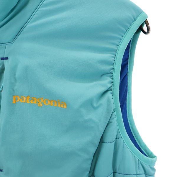 patagonia パタゴニア ジップ ベスト M 緑系 ロゴ刺繍 薄中綿入 アウトドア レディース