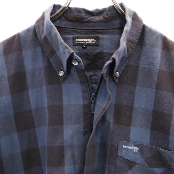 mtg. モンタージュ チェック 長袖 ジップ ボタンダウンシャツ L ネイビー系 リップストップ メンズ