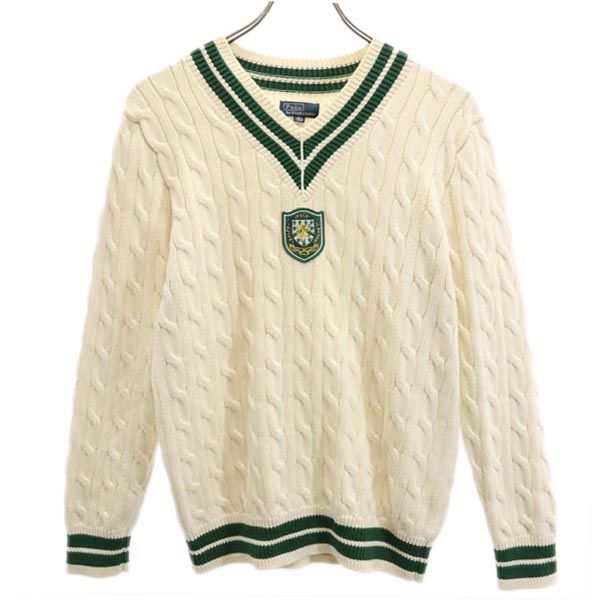 Polo by Ralph Lauren ポロバイラルフローレン 長袖 Vネック ニット 160 ホワイト系 セーター ロゴ ワッペン 開襟 キッズ