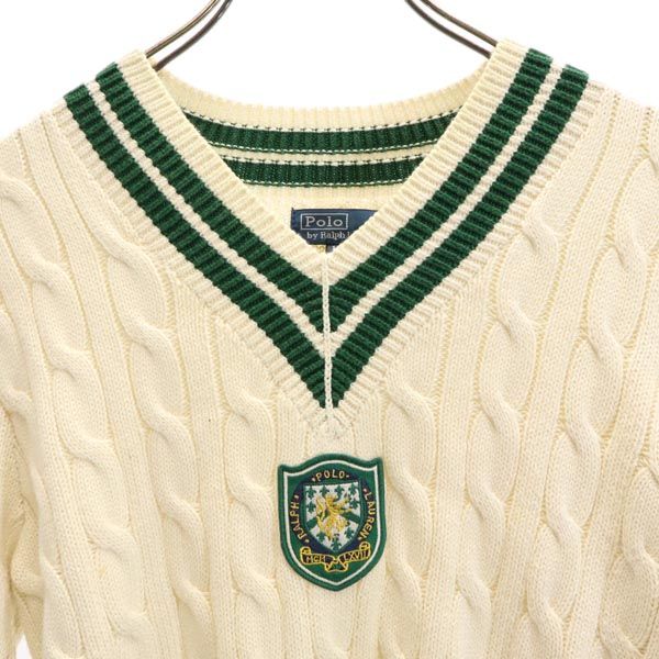 Polo by Ralph Lauren ポロバイラルフローレン 長袖 Vネック ニット 160 ホワイト系 セーター ロゴ ワッペン 開襟 キッズ