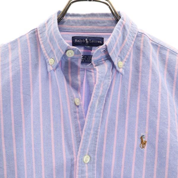 RALPH LAUREN ラルフローレン ストライプ柄 長袖 オックスフォード ボタンダウンシャツ 12 ブルー×ピンク キッズ