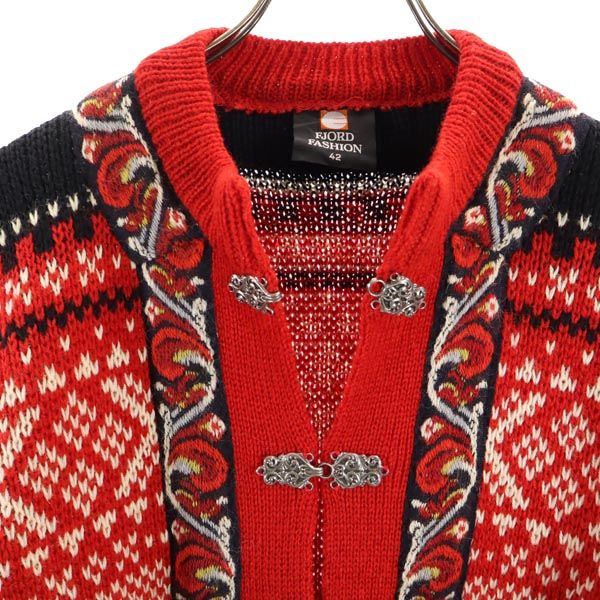 FJORD FASHION 80s ヴィンテージ ウール チロル 長袖 メタルフック ニット カーディガン 42 レッド系 レディース