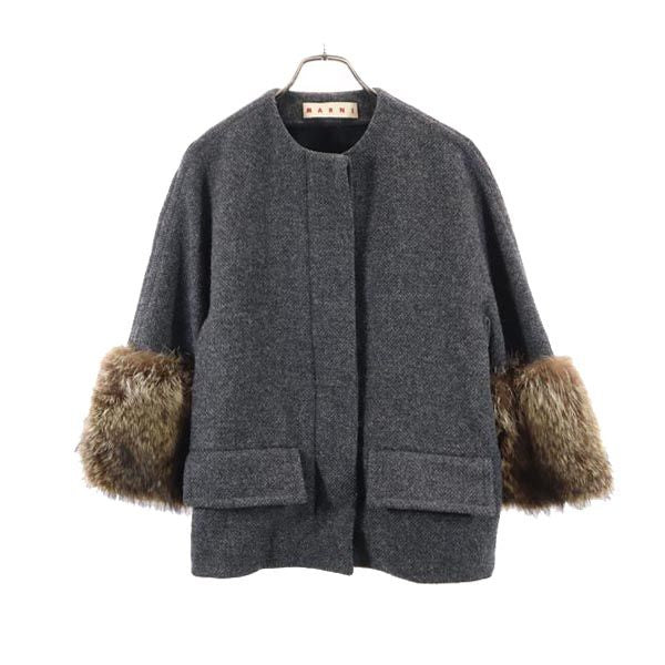 MARNI マルニ イタリア製 ヘリンボーン ノーカラージャケット 36 グレー系 袖ファー レディース