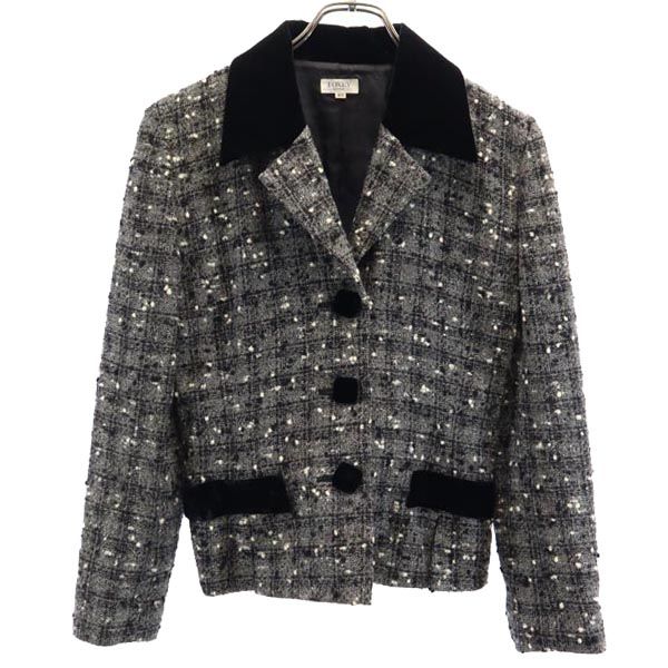 FOXEY フォクシー 日本製 ウール100％ 総柄 長袖 テーラードジャケット 40 グレー系 レディース
