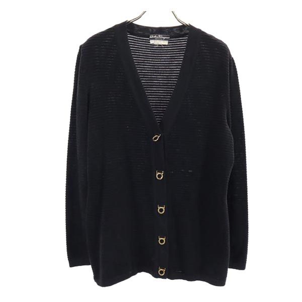 Salvatore Ferragamo サルヴァトーレフェラガモ イタリア製 ウールブレンド ニット ボーダー柄 Vネック カーディガン M 黒 レディース