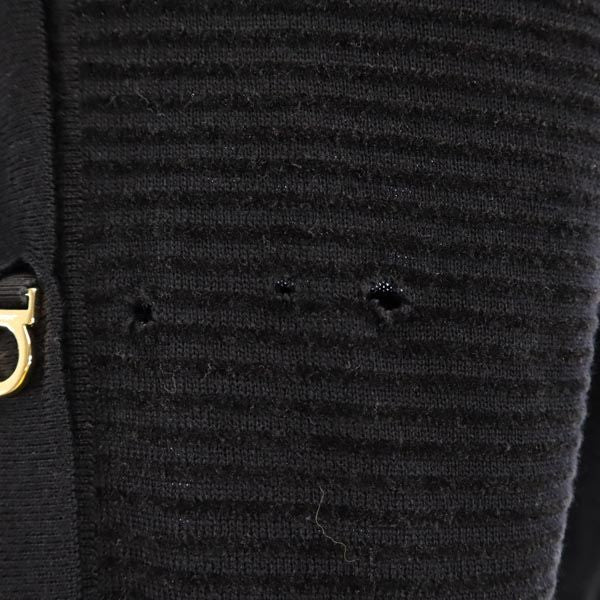 Salvatore Ferragamo サルヴァトーレフェラガモ イタリア製 ウールブレンド ニット ボーダー柄 Vネック カーディガン M 黒 レディース