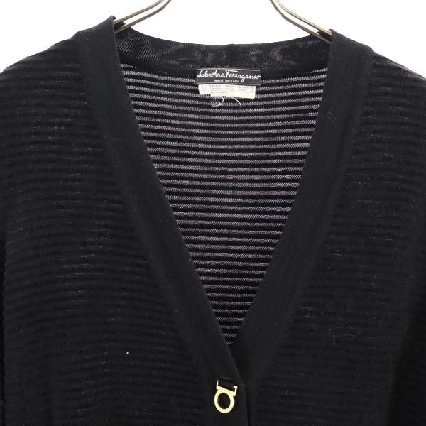 Salvatore Ferragamo サルヴァトーレフェラガモ イタリア製 ウールブレンド ニット ボーダー柄 Vネック カーディガン M 黒 レディース