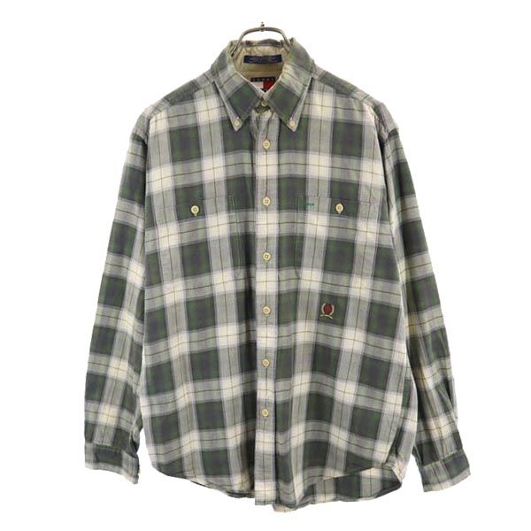 TOMMY HILFIGER トミーヒルフィガー 90s オールド フラッグタグ チェック柄 長袖 ボタンダウンシャツ M カーキ系 メンズ