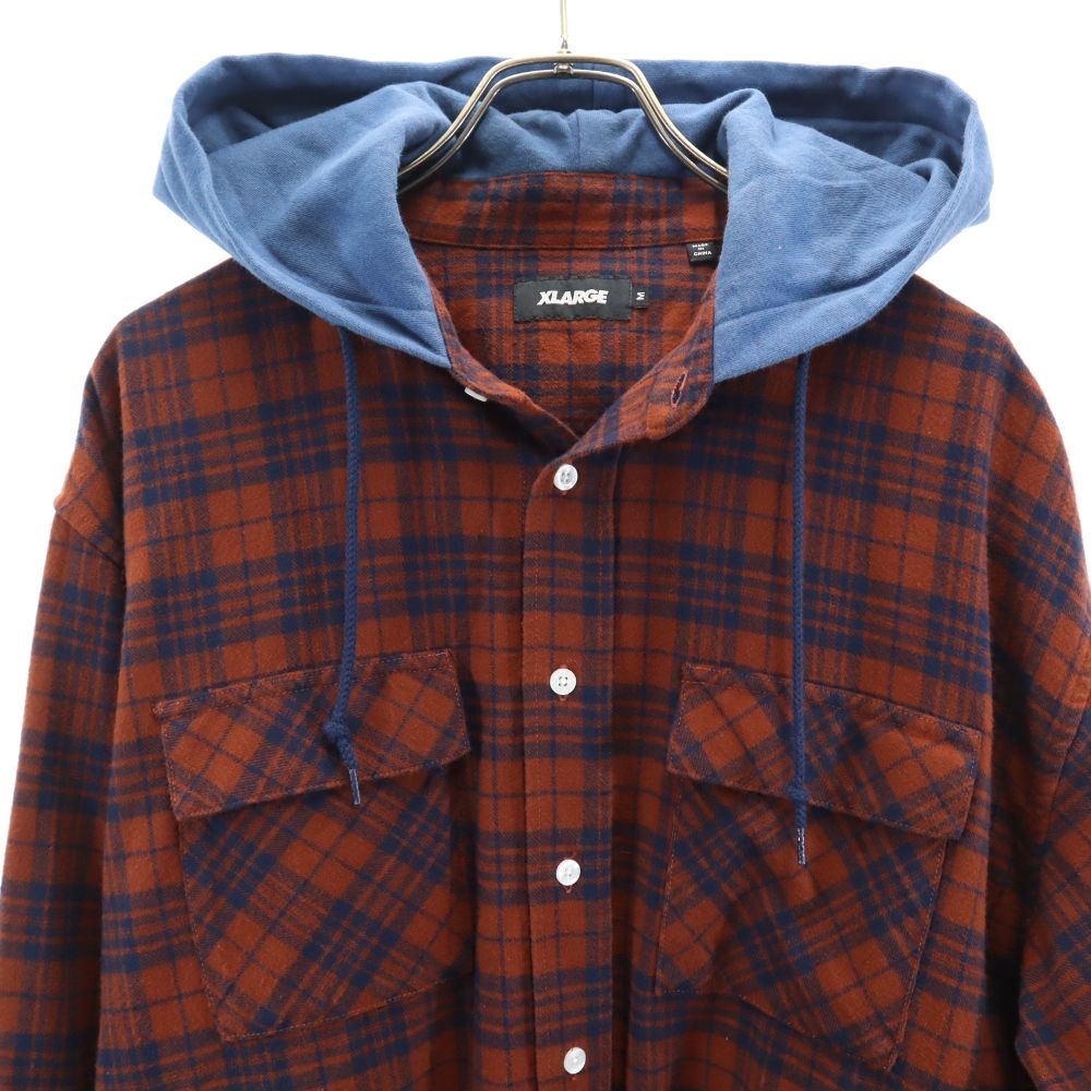 XLARGE エクストララージ チェック柄 長袖 フード付き シャツ M ブラウン系 メンズ