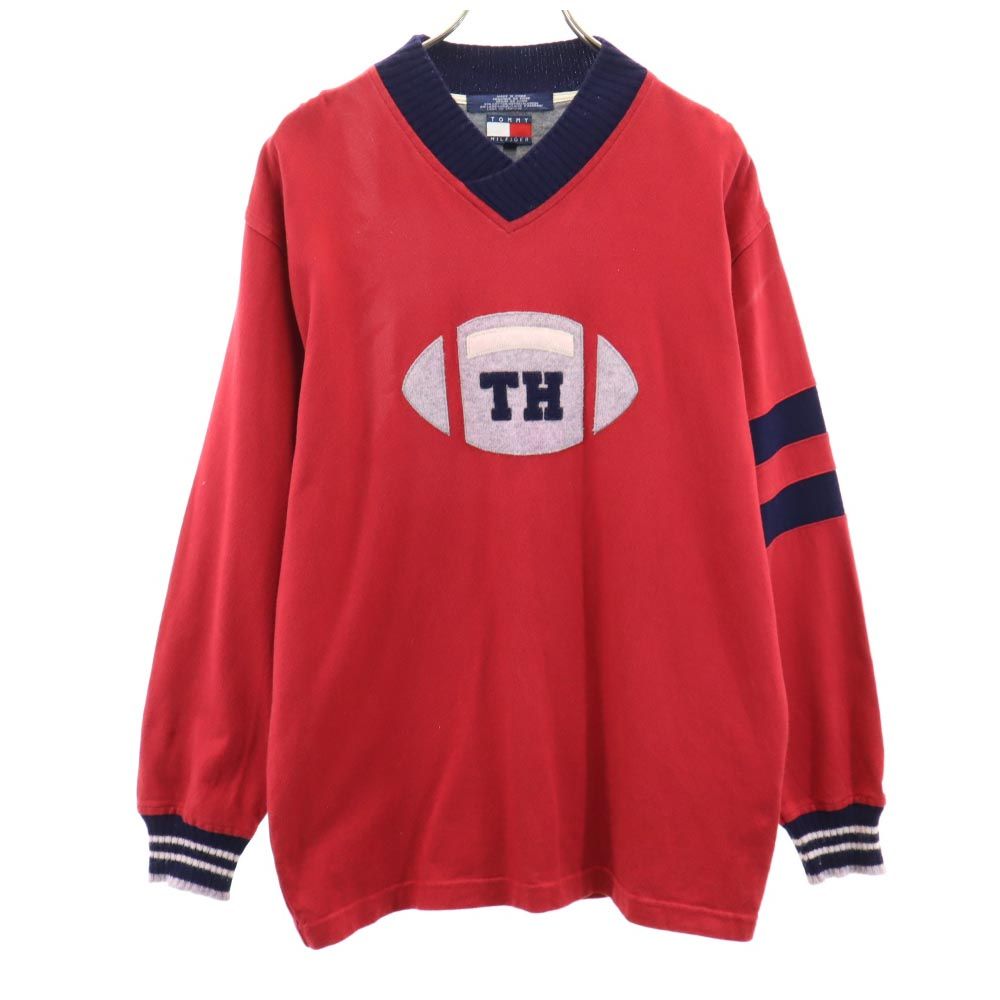 TOMMY HILFIGER トミーヒルフィガー 90s フラッグタグ オールド 長袖 Vネック Tシャツ M 赤系 ロンT メンズ