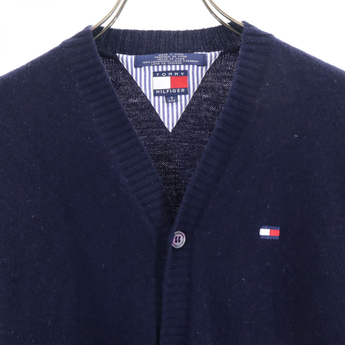トミーヒルフィガー 90s オールド フラッグタグ 長袖 Vネック ウール ニット カーディガン S ネイビー TOMMY HILFIGER メンズ