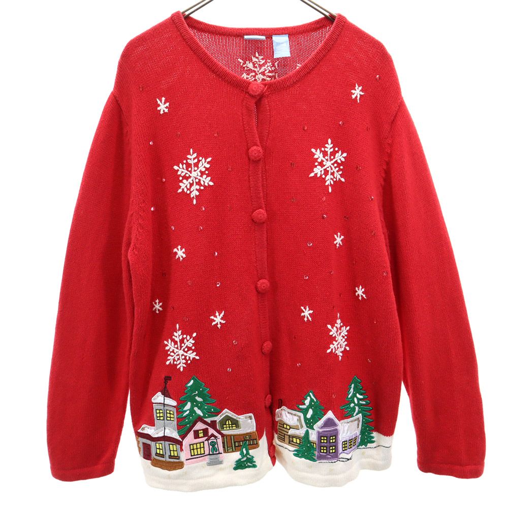 holidayeditions 雪柄 長袖 カーディガン セーター レッド holidayeditions ニット レディース