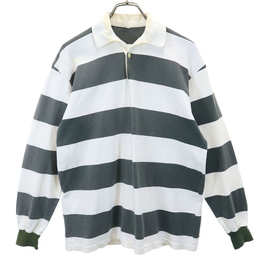 日本製 ボーダー柄 ラグビー 長袖 ラガーシャツ M グリーン系×ホワイト ジャージ メンズ