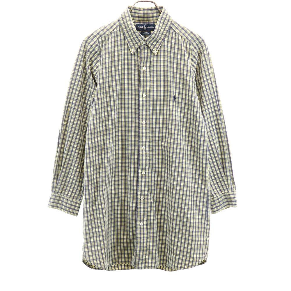 RALPH LAUREN ラルフローレン チェック柄 長袖 ボタンダウン シャツワンピース イエロー×ネイビー レディース