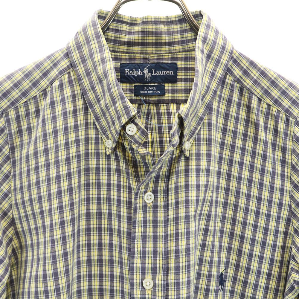 RALPH LAUREN ラルフローレン チェック柄 長袖 ボタンダウン シャツワンピース イエロー×ネイビー レディース