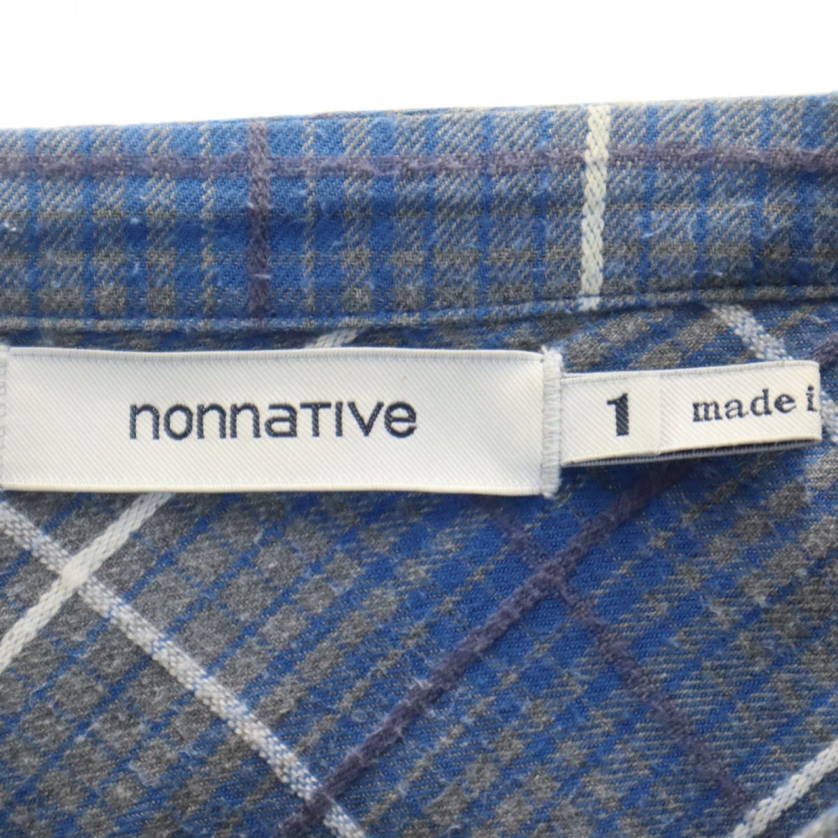 ノンネイティブ 日本製 チェック柄 長袖 ノーカラー ハーフボタン シャツ 1 ブルー系 nonnative チュニック メンズ