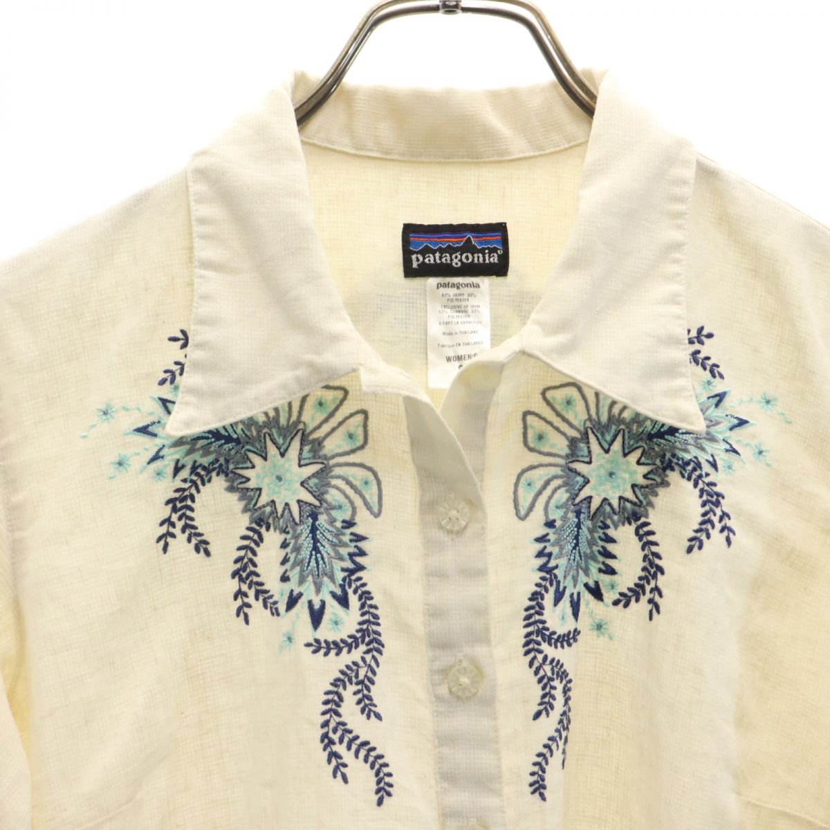 patagonia パタゴニア 7分袖 刺繍入り ハーフボタン シャツ S アイボリー アウトドア レディース