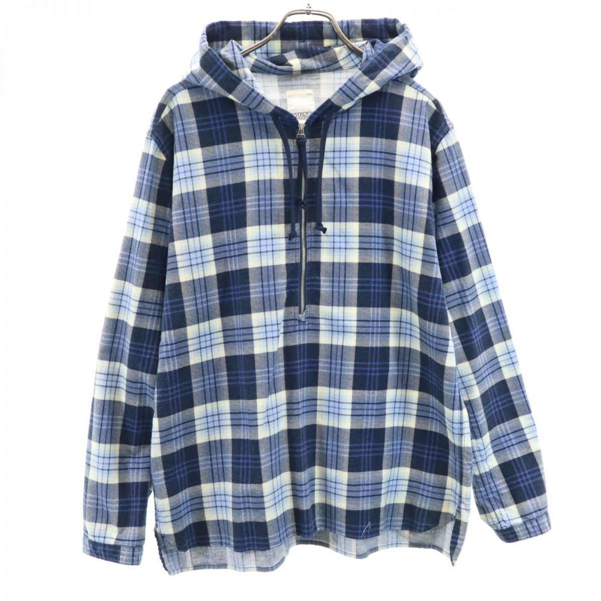 YSTRDY'S TMRRW イエスタデイズトゥモロウ 日本製 チェック柄 ハーフジップ フードジャケット M ブルー系 プルオーバー メンズ