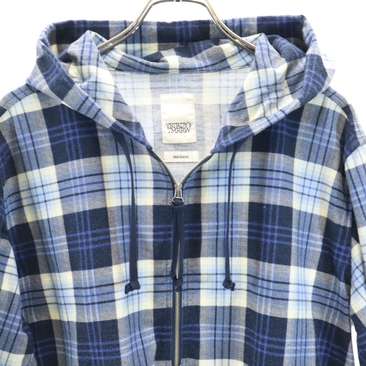 YSTRDY'S TMRRW イエスタデイズトゥモロウ 日本製 チェック柄 ハーフジップ フードジャケット M ブルー系 プルオーバー メンズ
