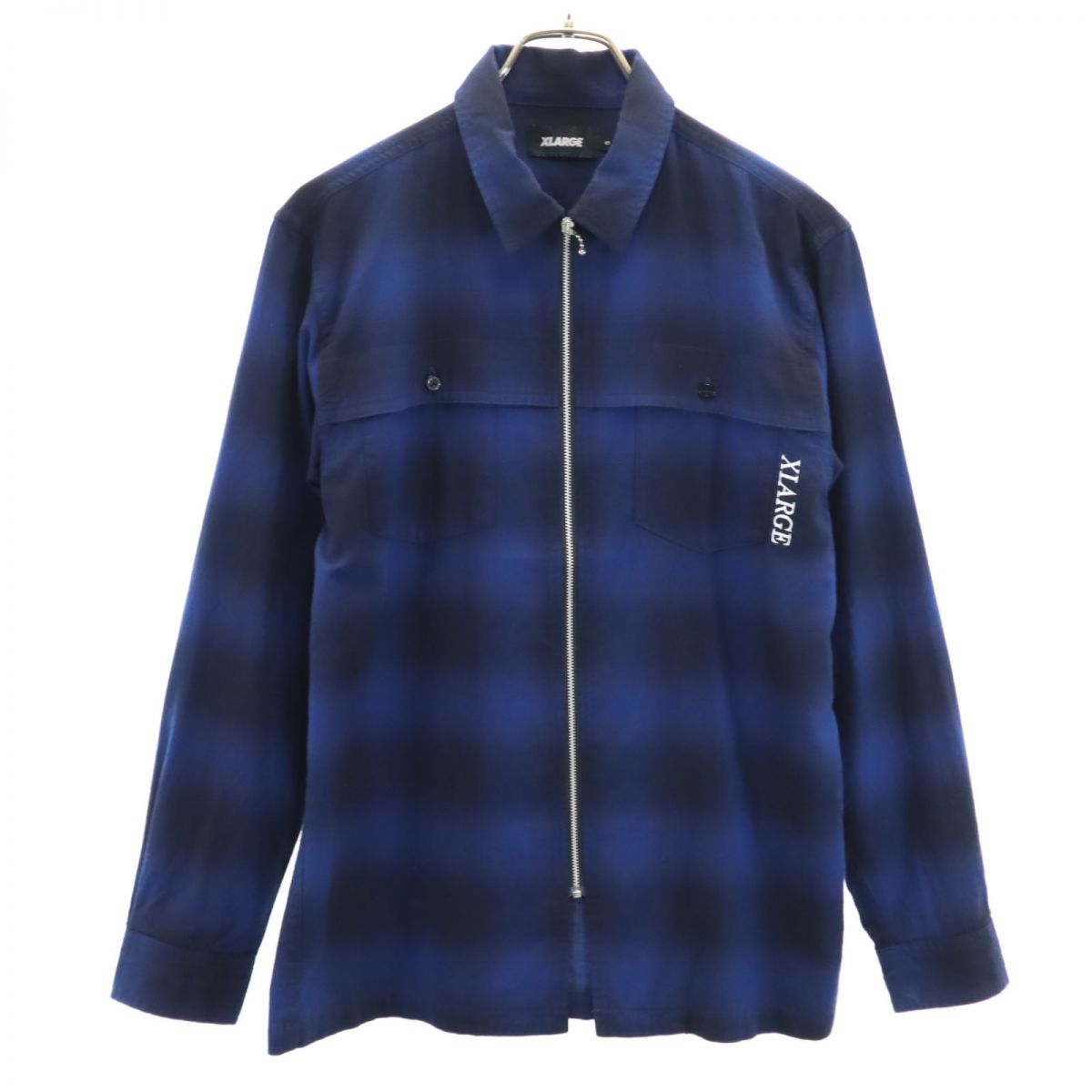 XLARGE エクストララージ チェック柄 長袖 ジップ コットンシャツ S ブルー×ブラック メンズ