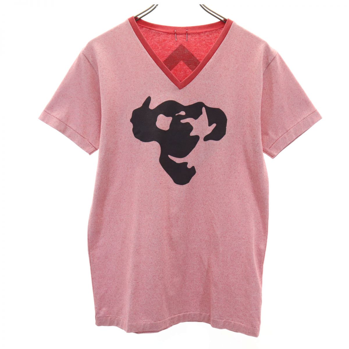 日本製 バックプリント 半袖 Vネック Tシャツ M レッド系 メンズ