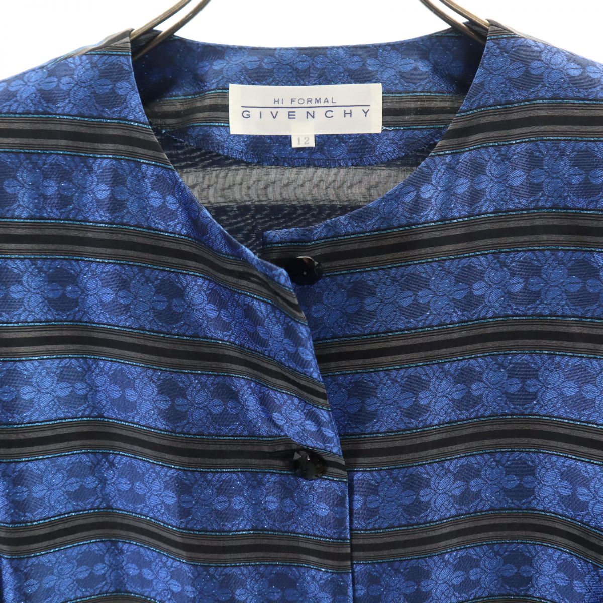 GIVENCHY ジバンシィ 日本製 シルクブレンド ボーダー柄 ノーカラー ジャケット 12 ブルー系 HI FORMAL レディース