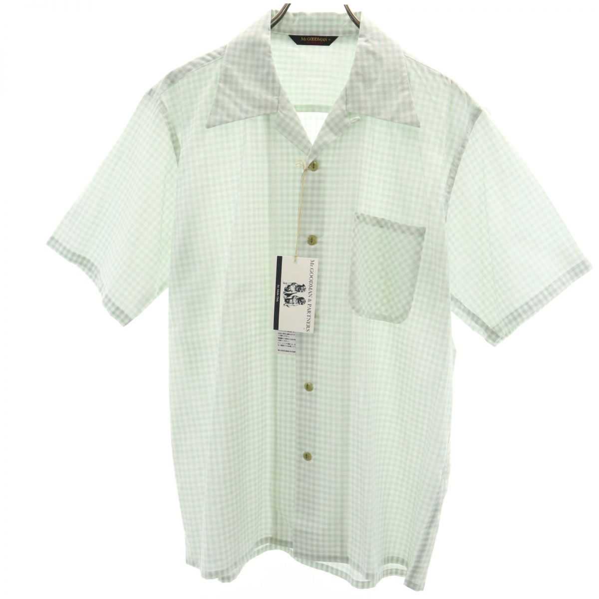 未使用 Mr GOODMAN ミスターグッドマン 日本製 ギンガムチェック柄 半袖 オープンカラーシャツ L グリーン×ホワイト タグ付き メンズ