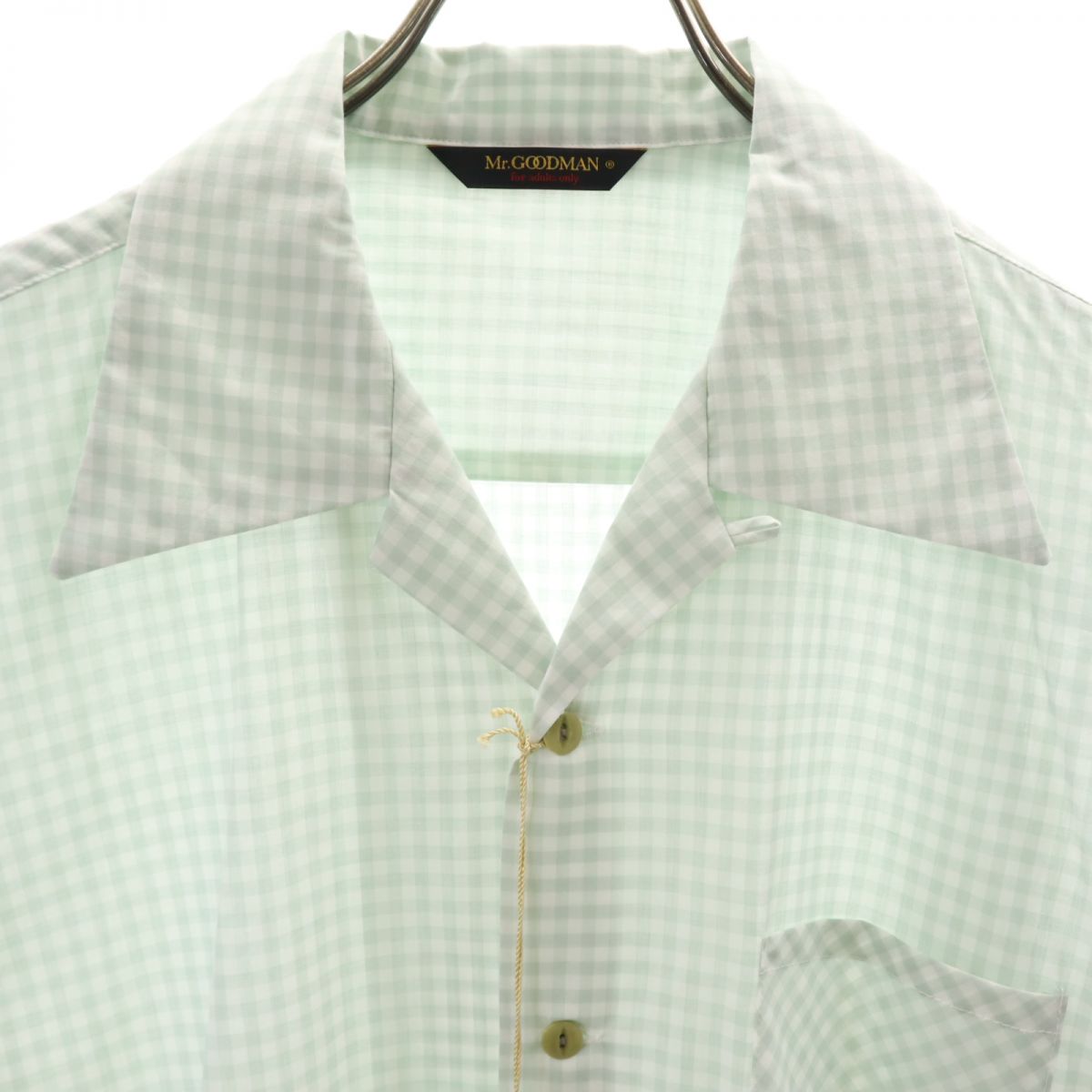 未使用 Mr GOODMAN ミスターグッドマン 日本製 ギンガムチェック柄 半袖 オープンカラーシャツ L グリーン×ホワイト タグ付き メンズ