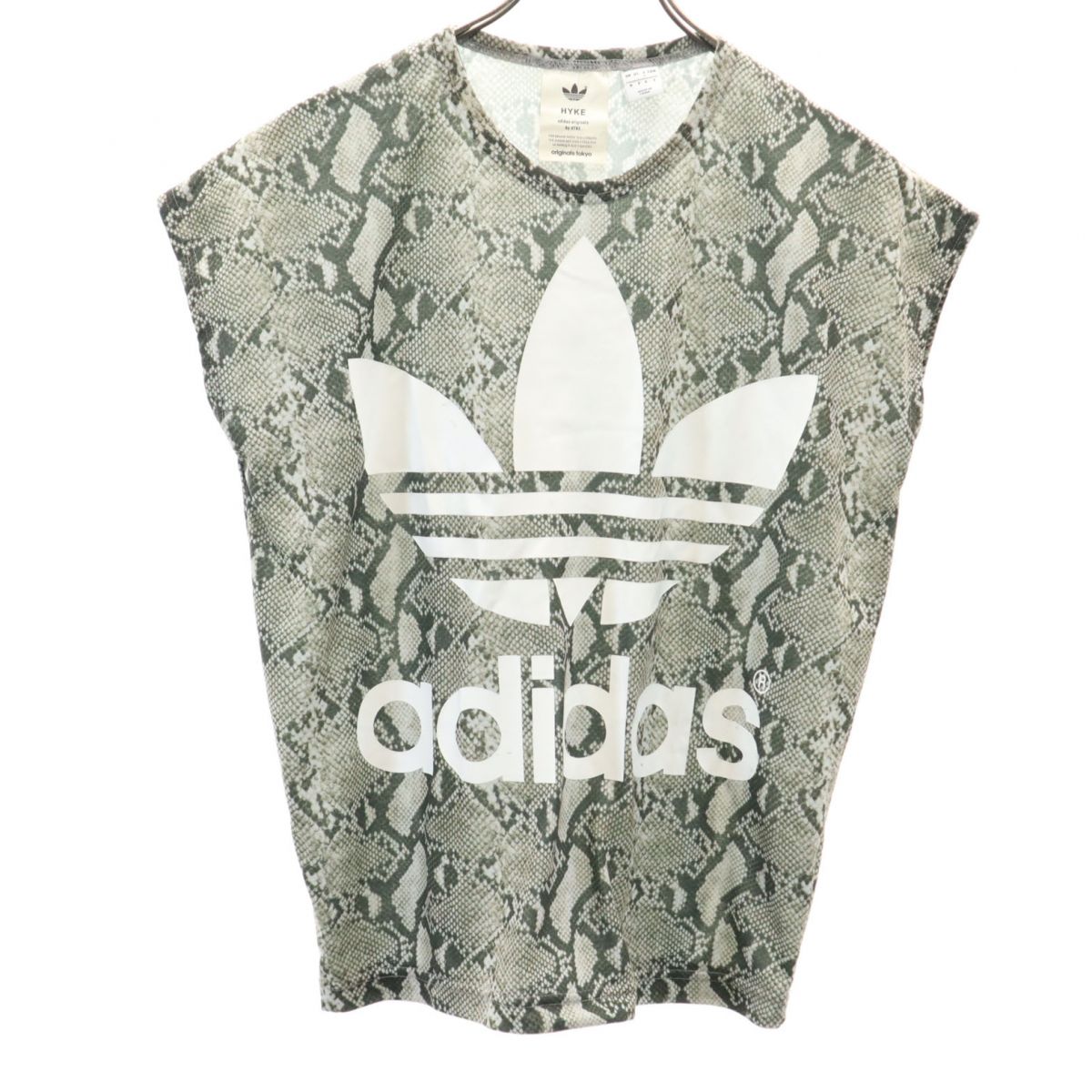 HYKE ハイク × アディダス コラボ パイソン柄 トレフォイルロゴ 半袖 Tシャツ S カーキ系 × adidas フレンチスリーブ レディース